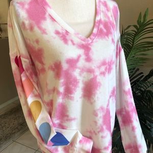 PJ Salvage Pink Tie Dye V-neck Rainbow Heart Long Sleeve Top Small